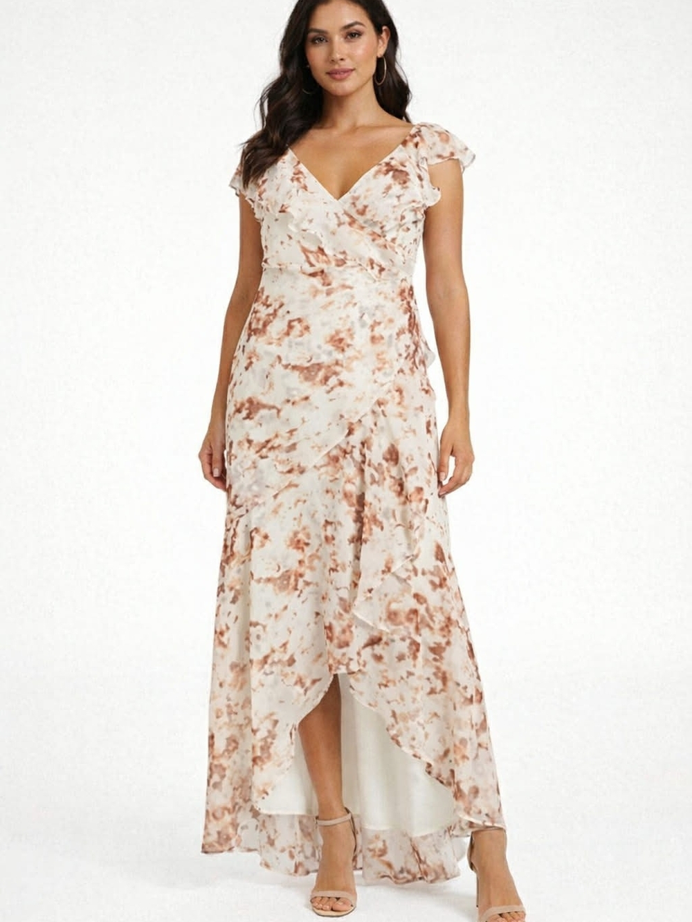 Express Cream and Tan Floral High-Low Wrap Maxi Dress